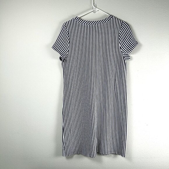 C Wonder Dress Womens Size M Navy White Striped Lace Up Textured Shift Nautical - Picture 4 of 13
